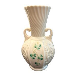 Vintage Belleek Shamrock Scalloped Bud Vase w/Handles~Ireland 6th Green Mark